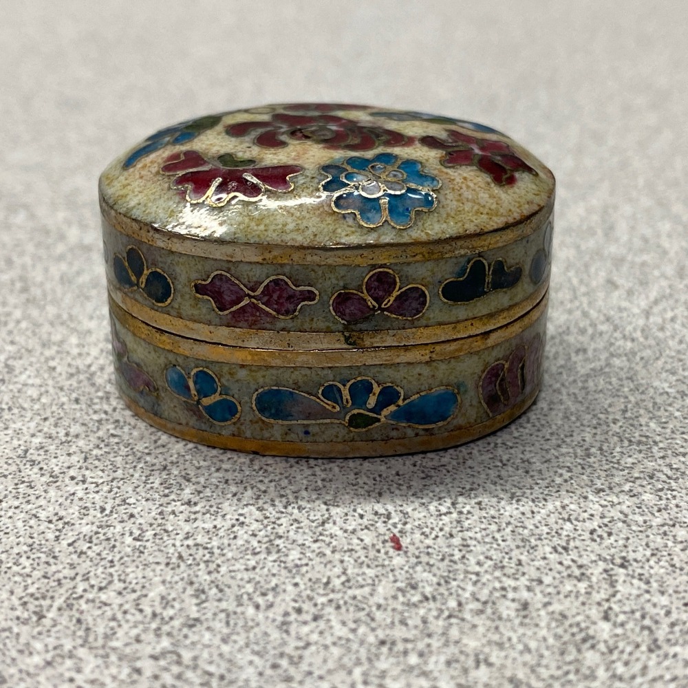 Vintage Cloisonne Floral Enamel Hinged Small Trinket Pill Box Keepsake